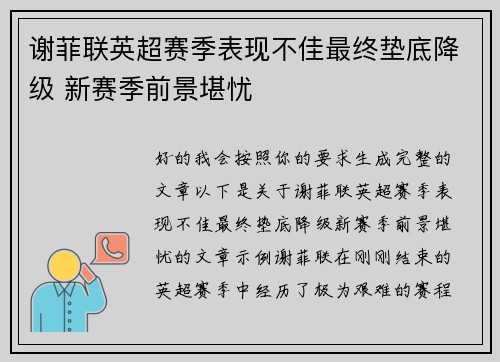 谢菲联英超赛季表现不佳最终垫底降级 新赛季前景堪忧 谢菲联英超赛季表现不佳最终垫底降级 新赛季前景堪忧