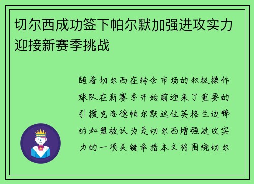 切尔西成功签下帕尔默加强进攻实力迎接新赛季挑战 切尔西成功签下帕尔默加强进攻实力迎接新赛季挑战