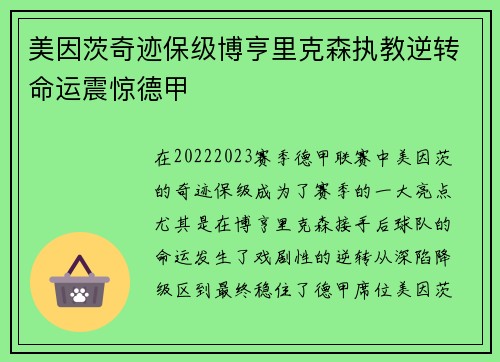 美因茨奇迹保级博亨里克森执教逆转命运震惊德甲